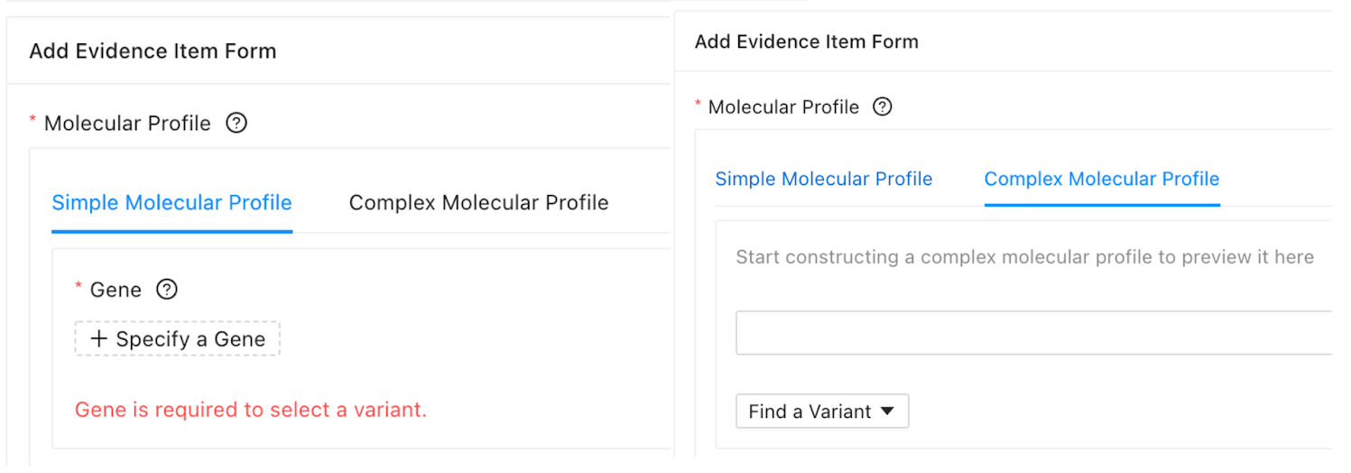 Figure depicting how a CIViC user can choose to add a simple or complex Molecular Profile