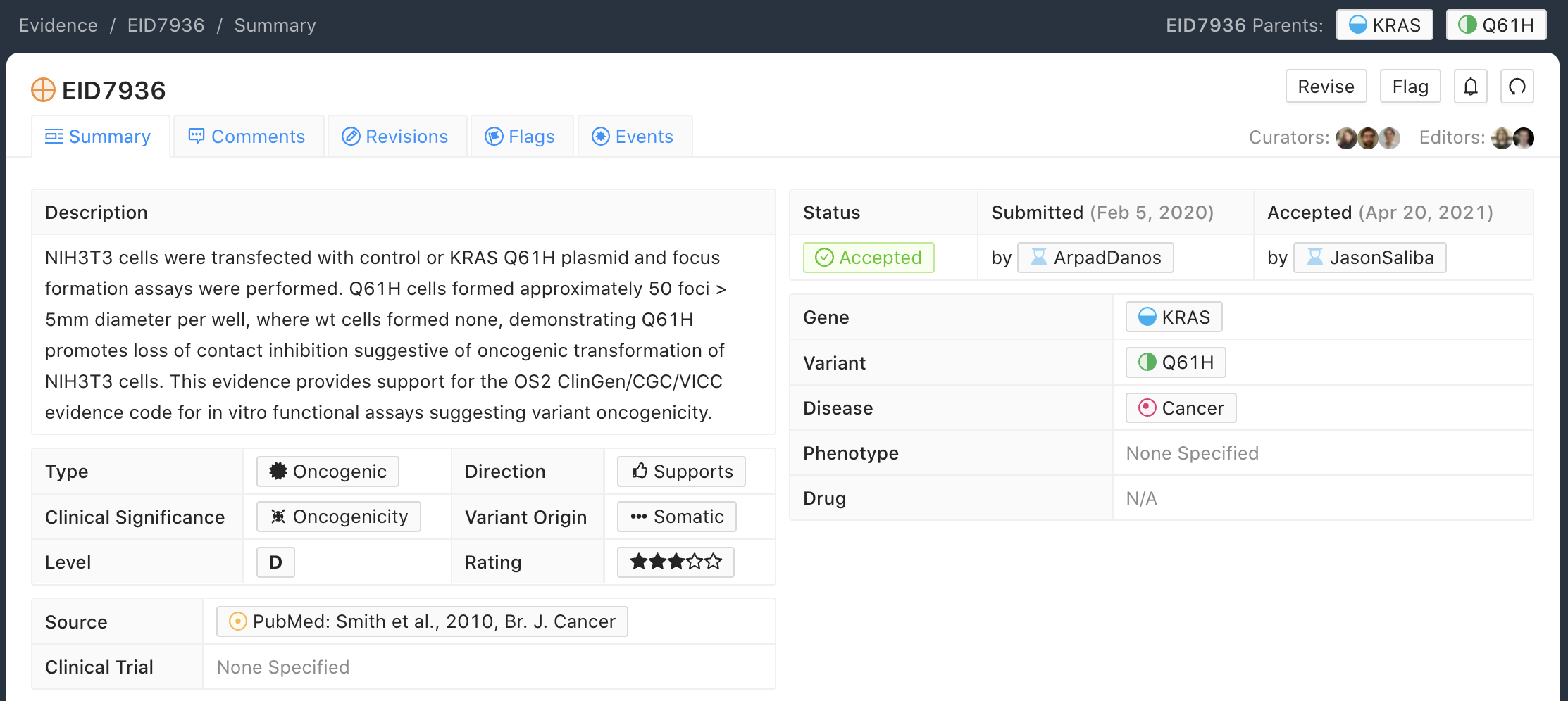 Screenshot of an Oncogenic Evidence Item summary with Oncogenicity Code in Comment